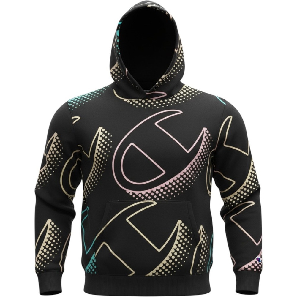 Champion Classic Fleece Big Shadow Hoodie Mens Large Black Graphic Print‎ Cotton